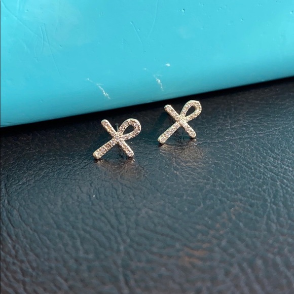 14K Real Gold Diamond Mini Ankh Cross Earrings